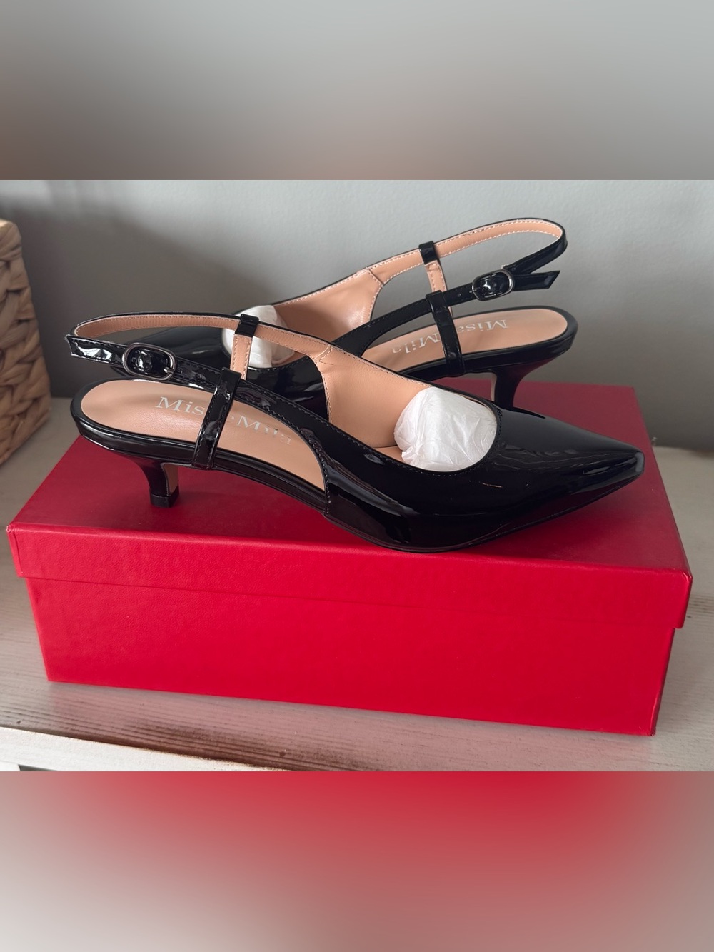 MisaeMila black patent slingback low heel pumps. Women’s size 6.5 NEW